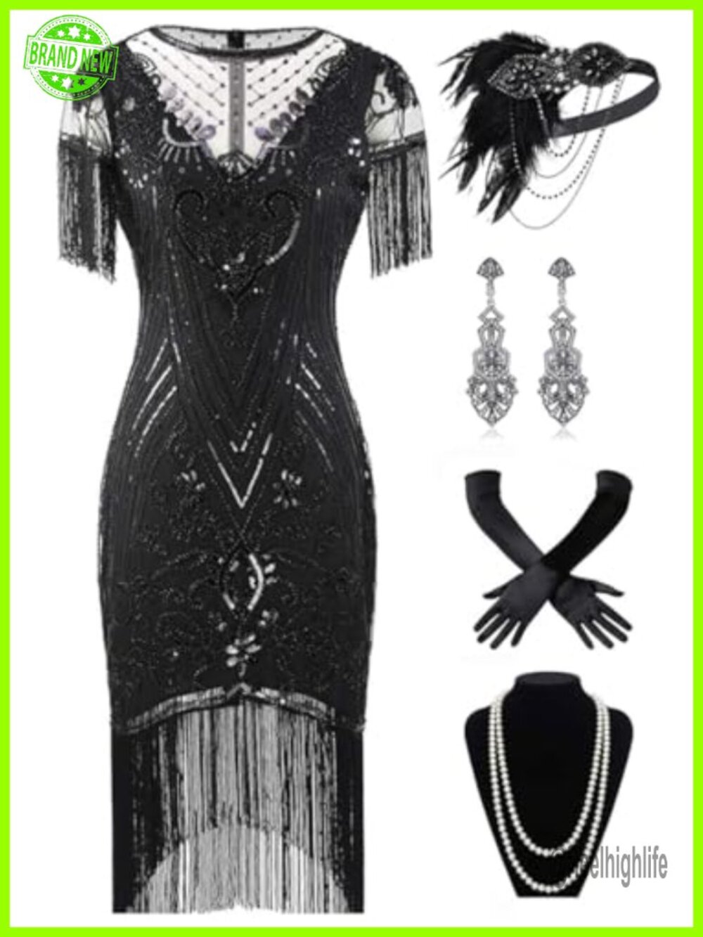 Plus Size 1920s Vintage Sequin Beaded Tassel Flapper Dress with Accessories